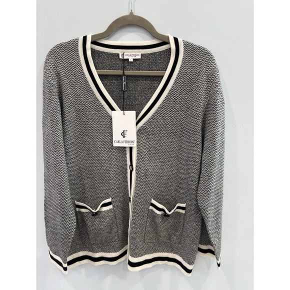 Carla Ferroni Black White Knit Cardigan Sweater Size Large NWT Quiet Luxury - Picture 6 of 11